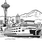 An image of the Seattle skyline with a ferry boat, the Space Needle, and Mount Rainier in the view